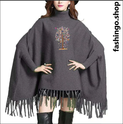 Tree Multi Printed Wing-Bat Style Winter Poncho