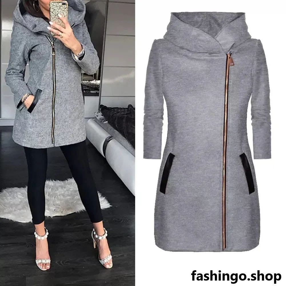 Long Winter Hooded Coat Leather Pocket Style Side Zip.