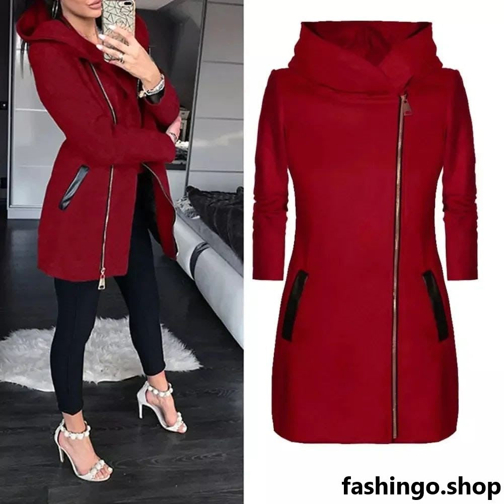 Long Winter Hooded Coat Leather Pocket Style Side Zip.