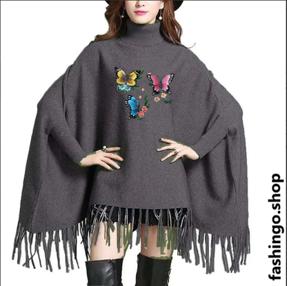 Multi Butterfly Printed Wing-Bat Style Winter Poncho.