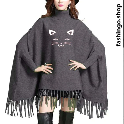 Printed Kitty Wing -Bat Style Winter Poncho.