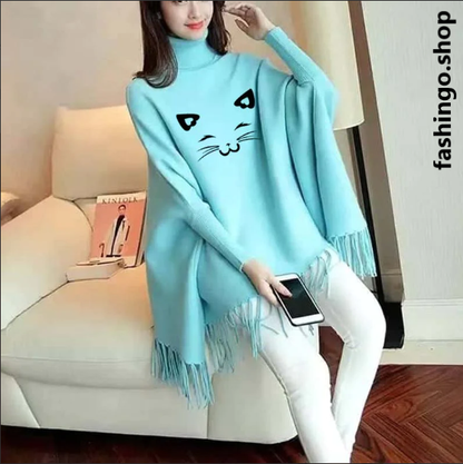 Printed Kitty Wing -Bat Style Winter Poncho.