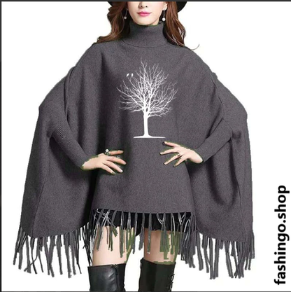 Printed Tree Wing-Bat Style Winter Poncho.