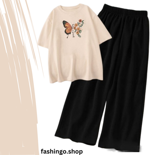 Butterfly Off White Casual Women Tracksuit.